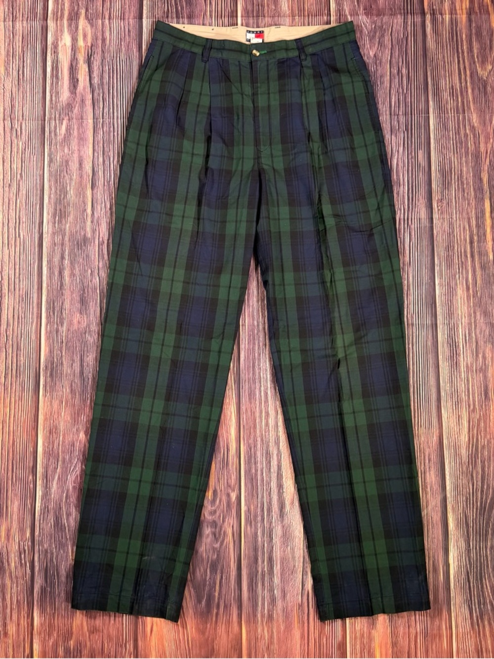 Vintage Tommy Hilfiger Men's Cotton Pleated Chino Pants Blue/Green Tartan 34/35